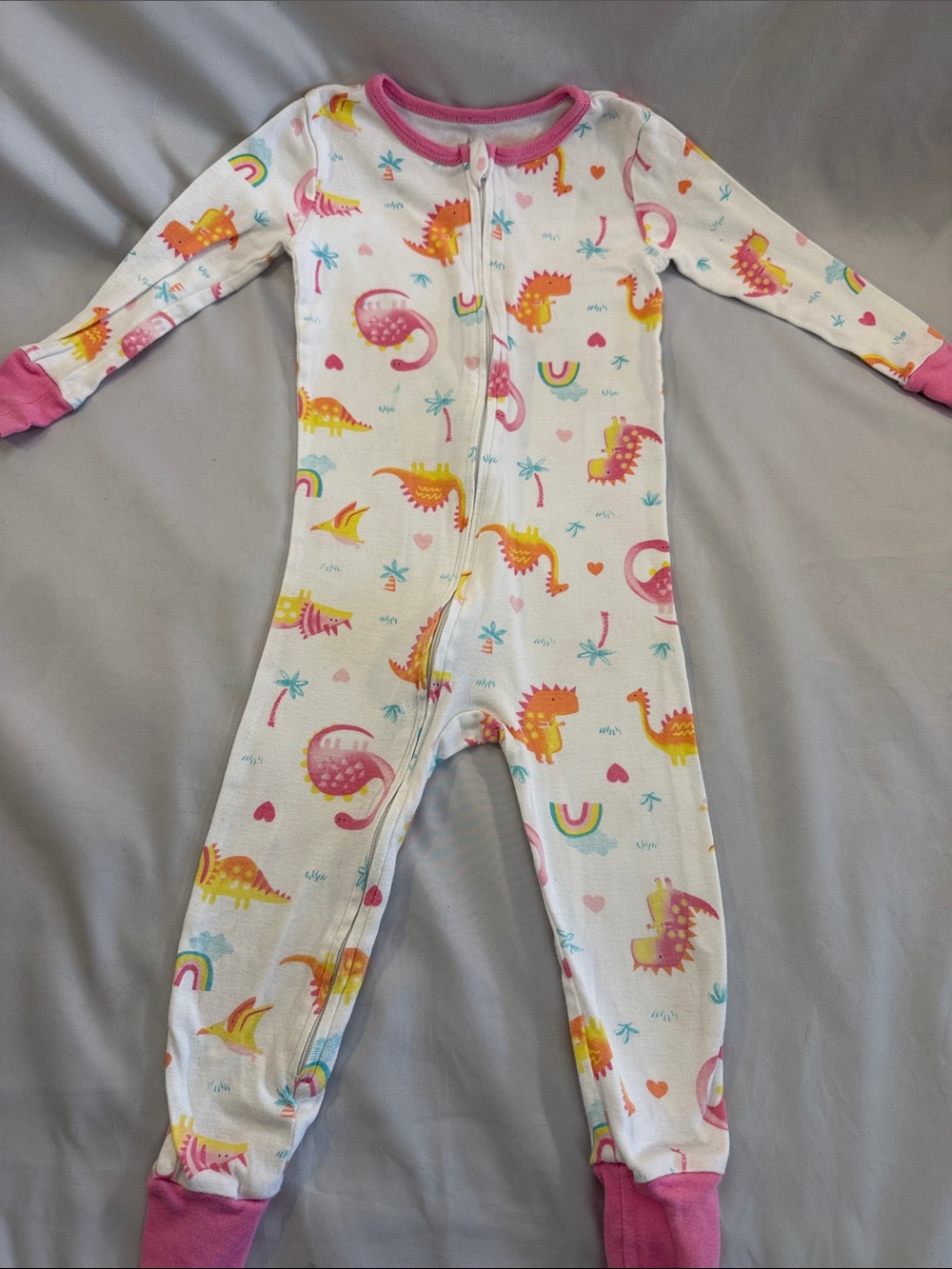 Kids Headquarters White Footed Pajama with Pink Trim and Colorful Dino Print